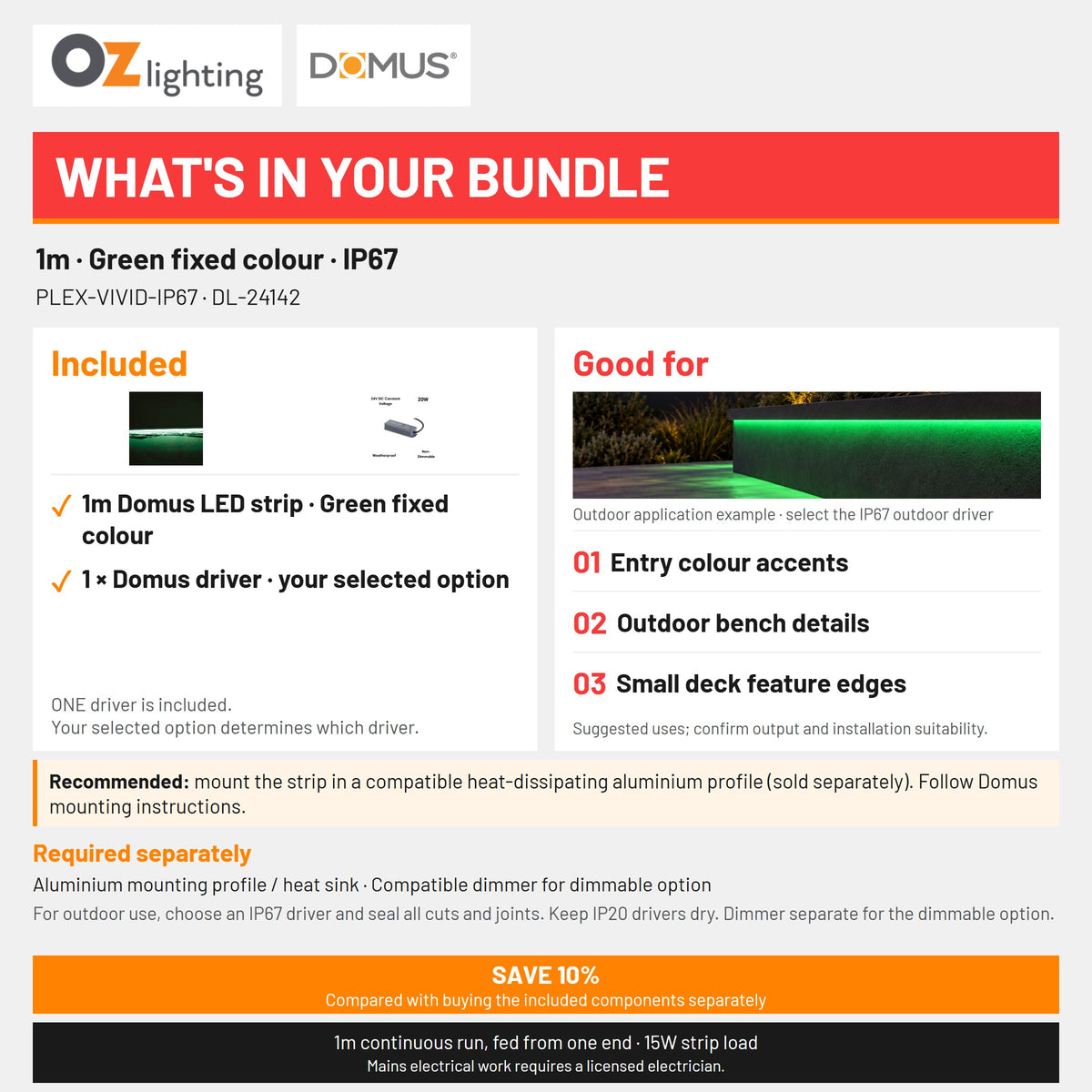 Domus PLEX Vivid 1 Metre 15W/m Green Outdoor Strip and Driver Bundle-Domus Lighting-Ozlighting.com.au