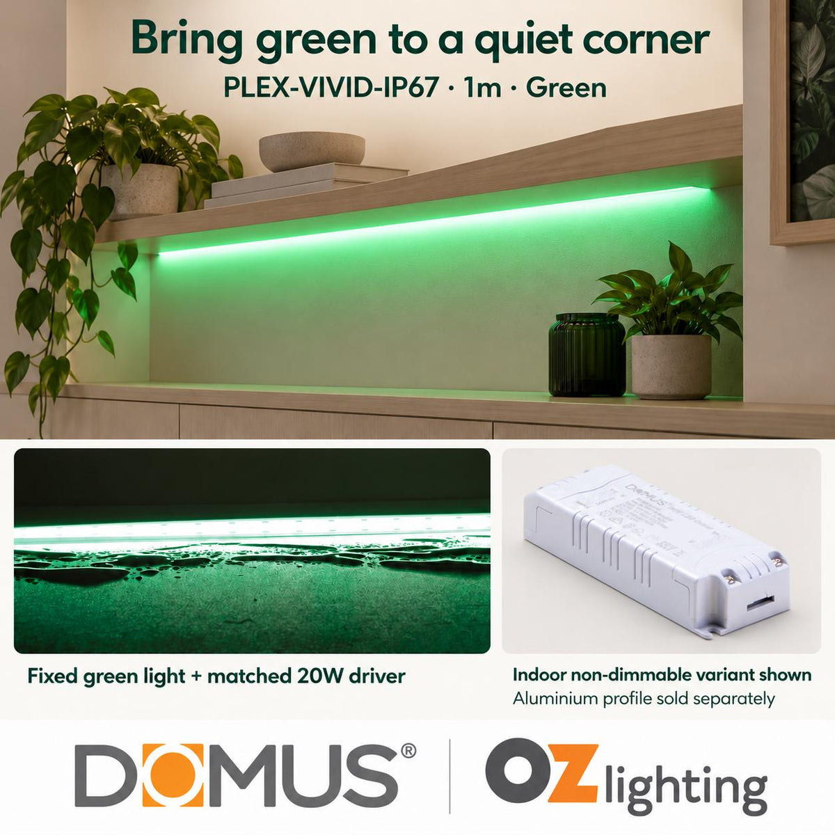 Domus PLEX Vivid 1 Metre 15W/m Green Outdoor Strip and Driver Bundle-Domus Lighting-Ozlighting.com.au