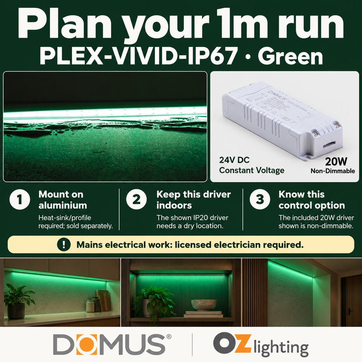 Domus PLEX Vivid 1 Metre 15W/m Green Outdoor Strip and Driver Bundle-Domus Lighting-Ozlighting.com.au