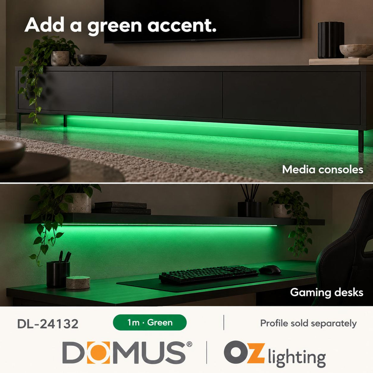 Domus PLEX Vivid 1 Metre 15W/m Green Strip and Driver Bundle-Domus Lighting-Ozlighting.com.au