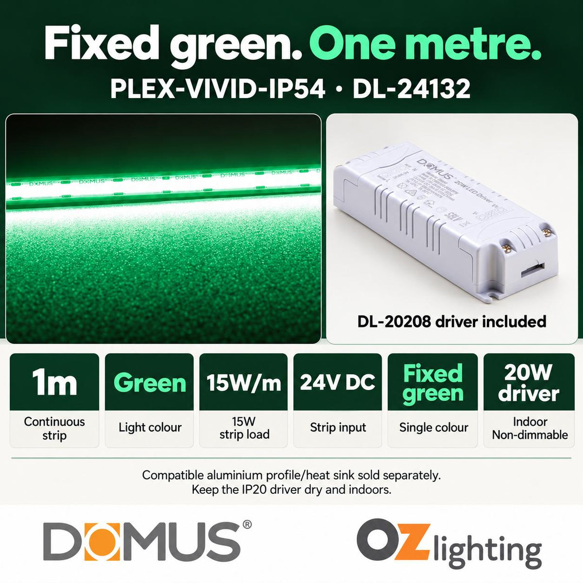 Domus PLEX Vivid 1 Metre 15W/m Green Strip and Driver Bundle-Domus Lighting-Ozlighting.com.au