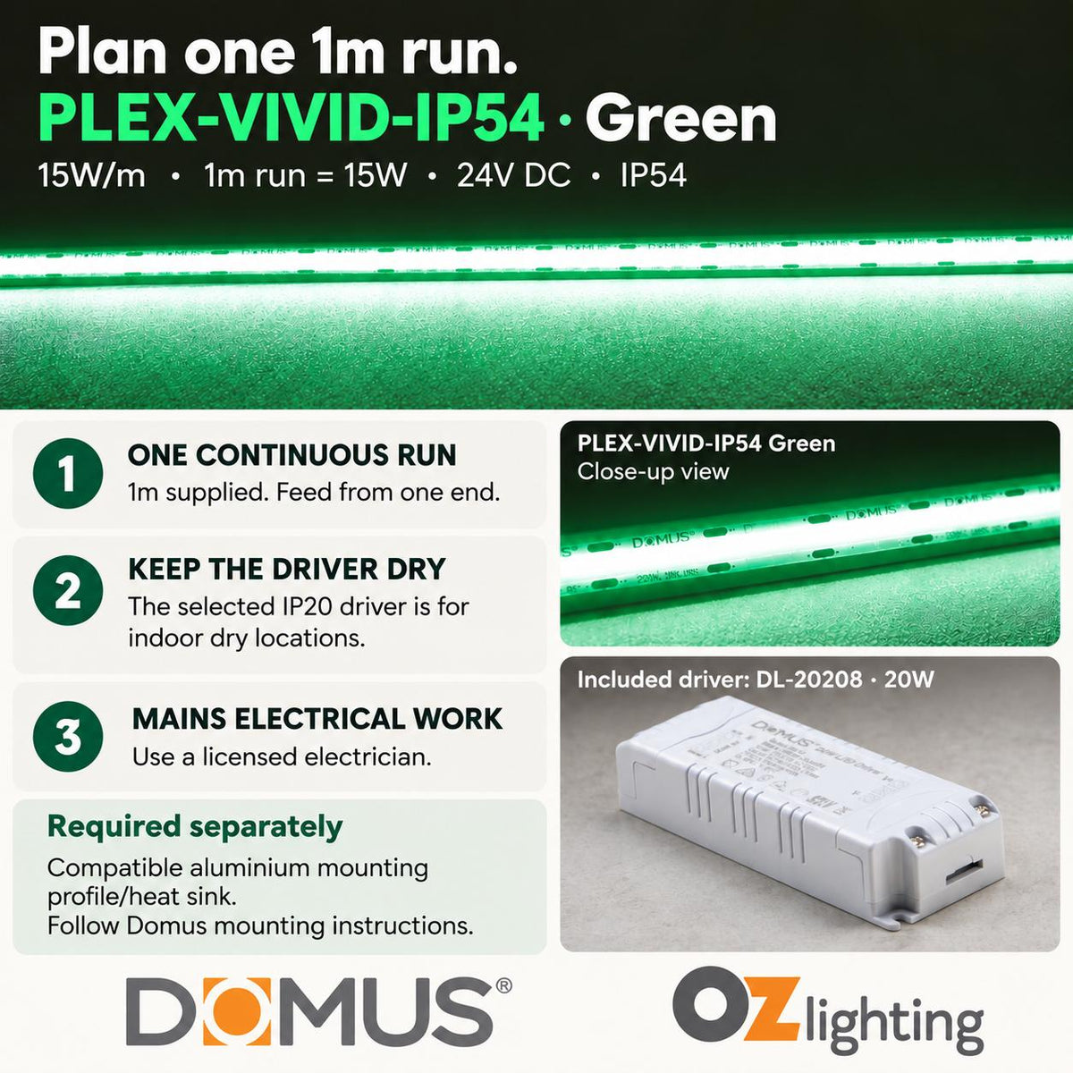 Domus PLEX Vivid 1 Metre 15W/m Green Strip and Driver Bundle-Domus Lighting-Ozlighting.com.au