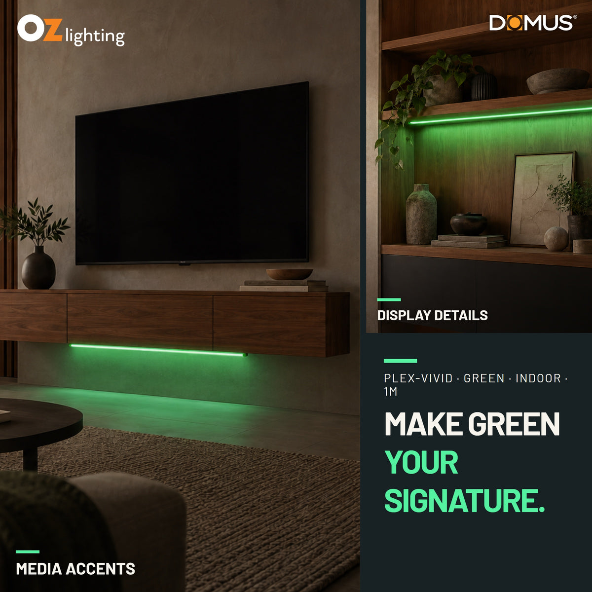 Domus PLEX Vivid 1 Metre 15W/m Green Strip and Driver Bundle-Domus Lighting-Ozlighting.com.au