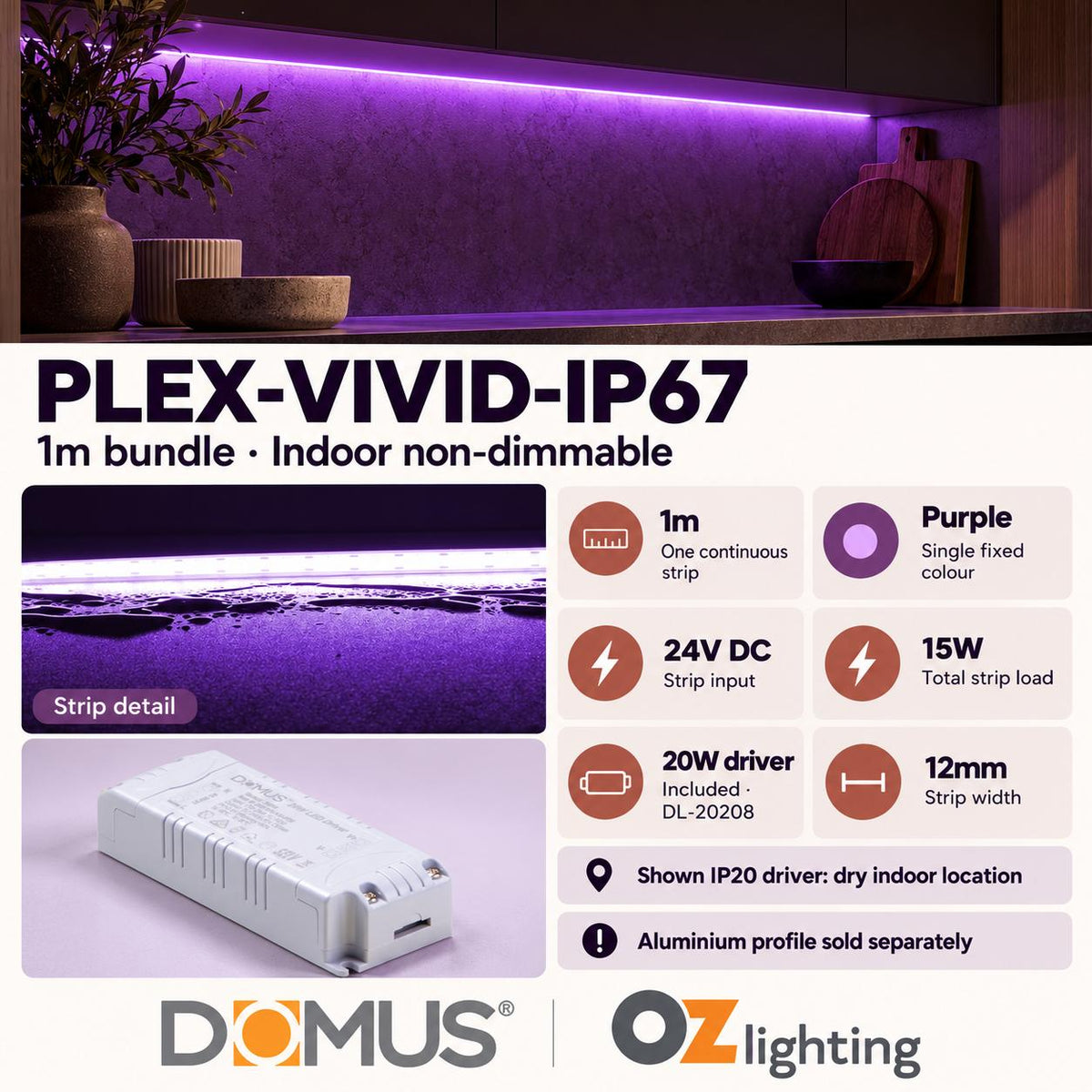 Domus PLEX Vivid 1 Metre 15W/m Purple Outdoor Strip and Driver Bundle-Domus Lighting-Ozlighting.com.au