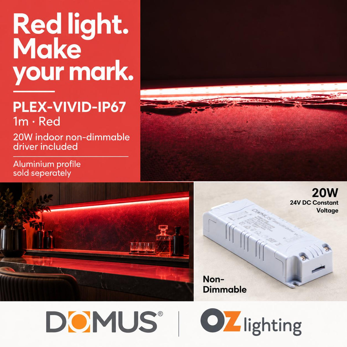 Domus PLEX Vivid 1 Metre 15W/m Red Outdoor Strip and Driver Bundle-Domus Lighting-Ozlighting.com.au