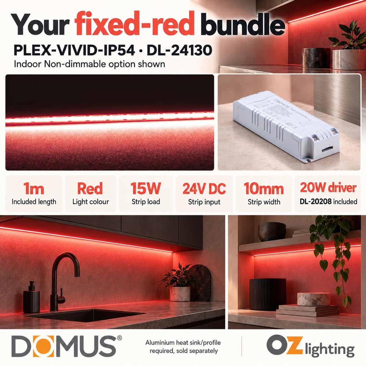 Domus PLEX Vivid 1 Metre 15W/m Red Strip and Driver Bundle-Domus Lighting-Ozlighting.com.au