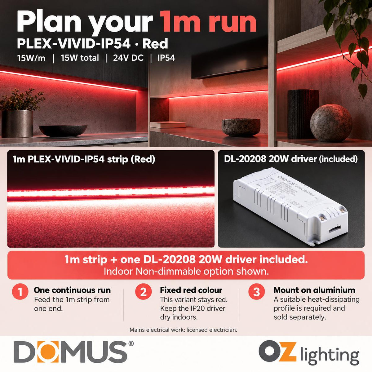 Domus PLEX Vivid 1 Metre 15W/m Red Strip and Driver Bundle-Domus Lighting-Ozlighting.com.au