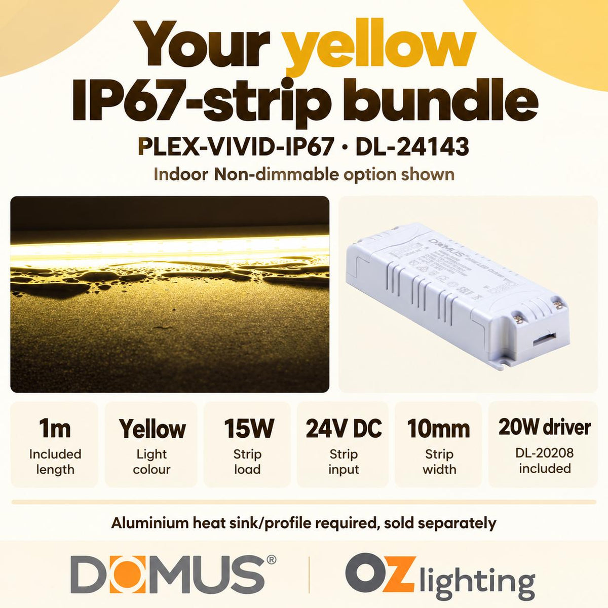 Domus PLEX Vivid 1 Metre 15W/m Yellow Outdoor Strip and Driver Bundle-Domus Lighting-Ozlighting.com.au