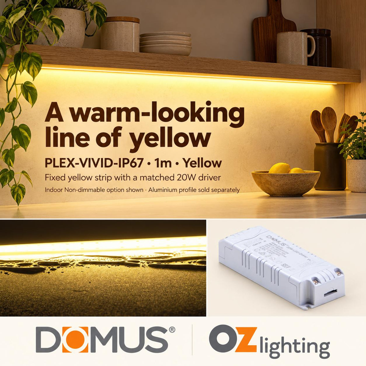 Domus PLEX Vivid 1 Metre 15W/m Yellow Outdoor Strip and Driver Bundle-Domus Lighting-Ozlighting.com.au