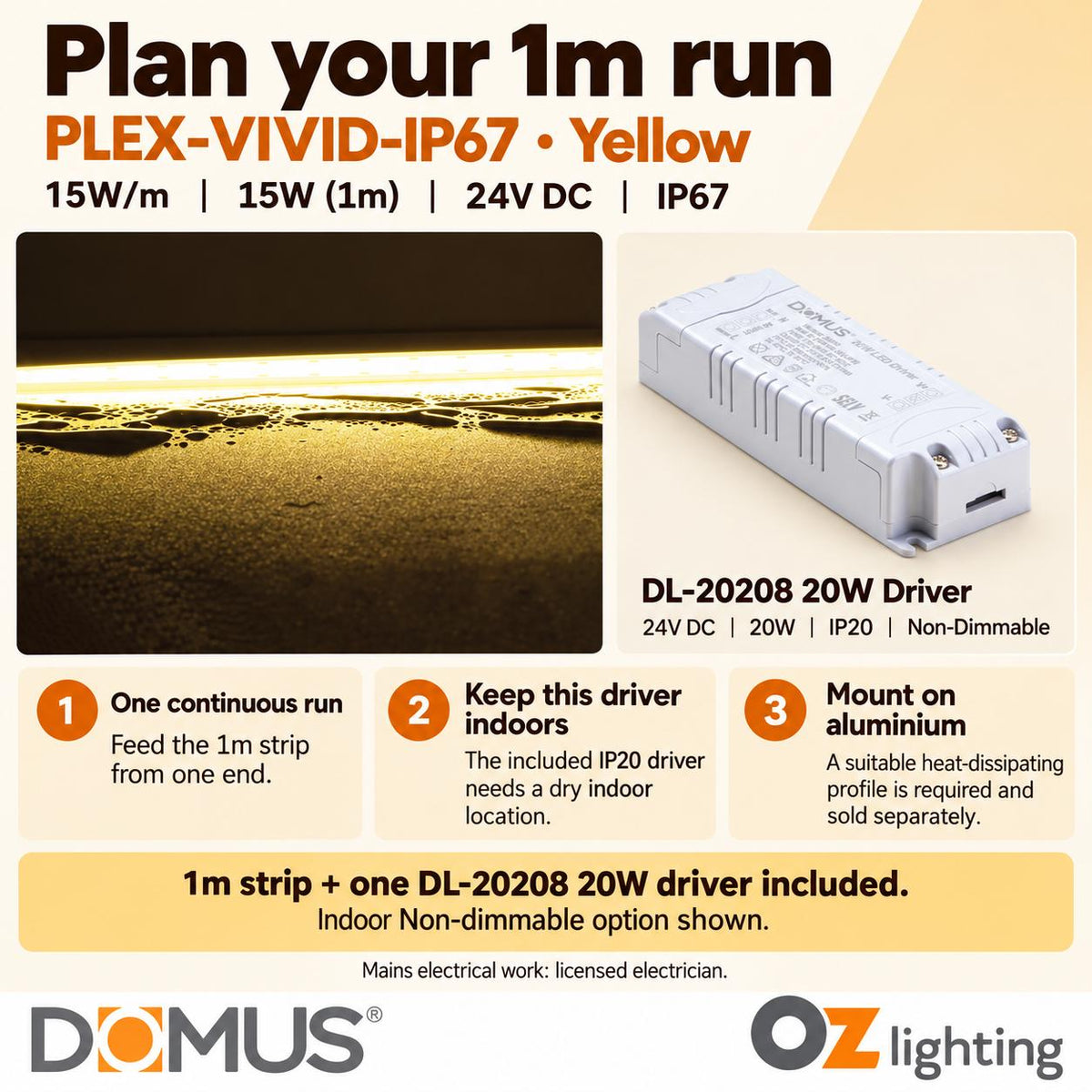 Domus PLEX Vivid 1 Metre 15W/m Yellow Outdoor Strip and Driver Bundle-Domus Lighting-Ozlighting.com.au