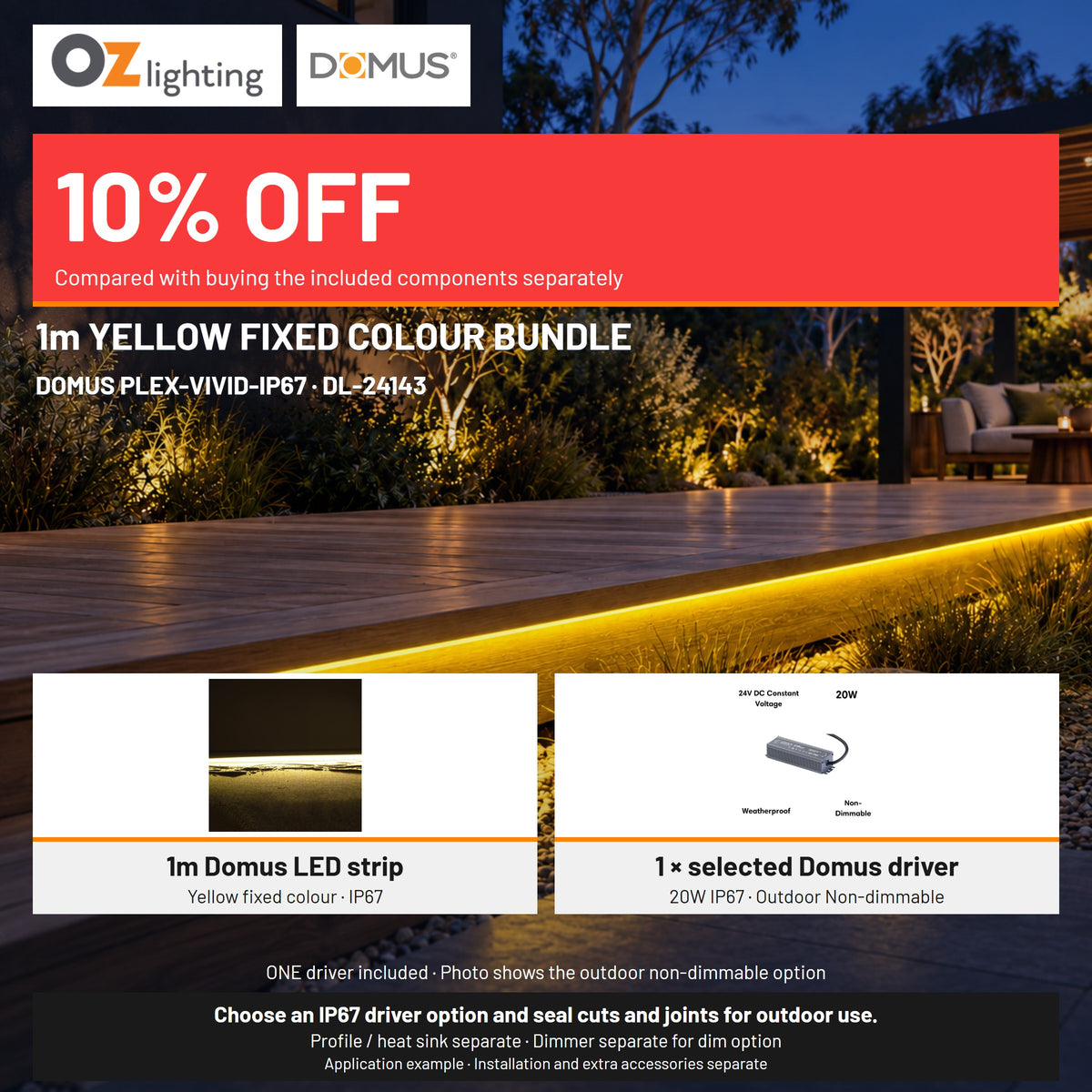 Domus PLEX-VIVID-IP67 LED Strip & Driver Bundle - Yellow, 1m-Domus Lighting-Ozlighting.com.au