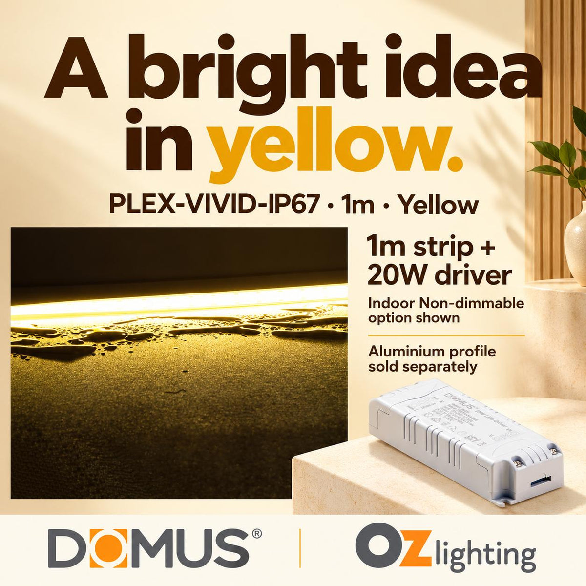 Domus PLEX Vivid 1 Metre 15W/m Yellow Outdoor Strip and Driver Bundle-Domus Lighting-Ozlighting.com.au