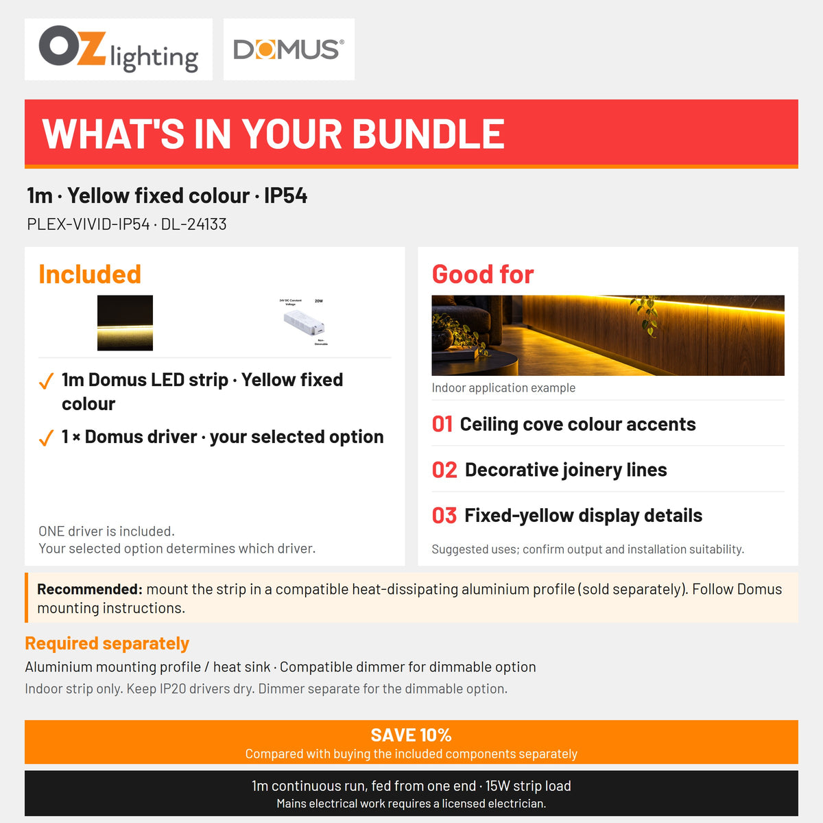 Domus PLEX-VIVID-IP54 LED Strip & Driver Bundle - Yellow, 1m-Domus Lighting-Ozlighting.com.au