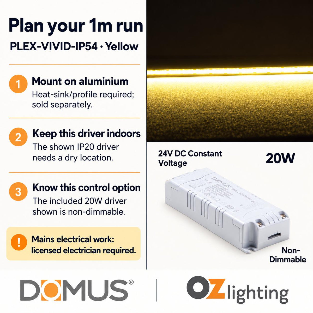 Domus PLEX Vivid 1 Metre 15W/m Yellow Strip and Driver Bundle-Domus Lighting-Ozlighting.com.au