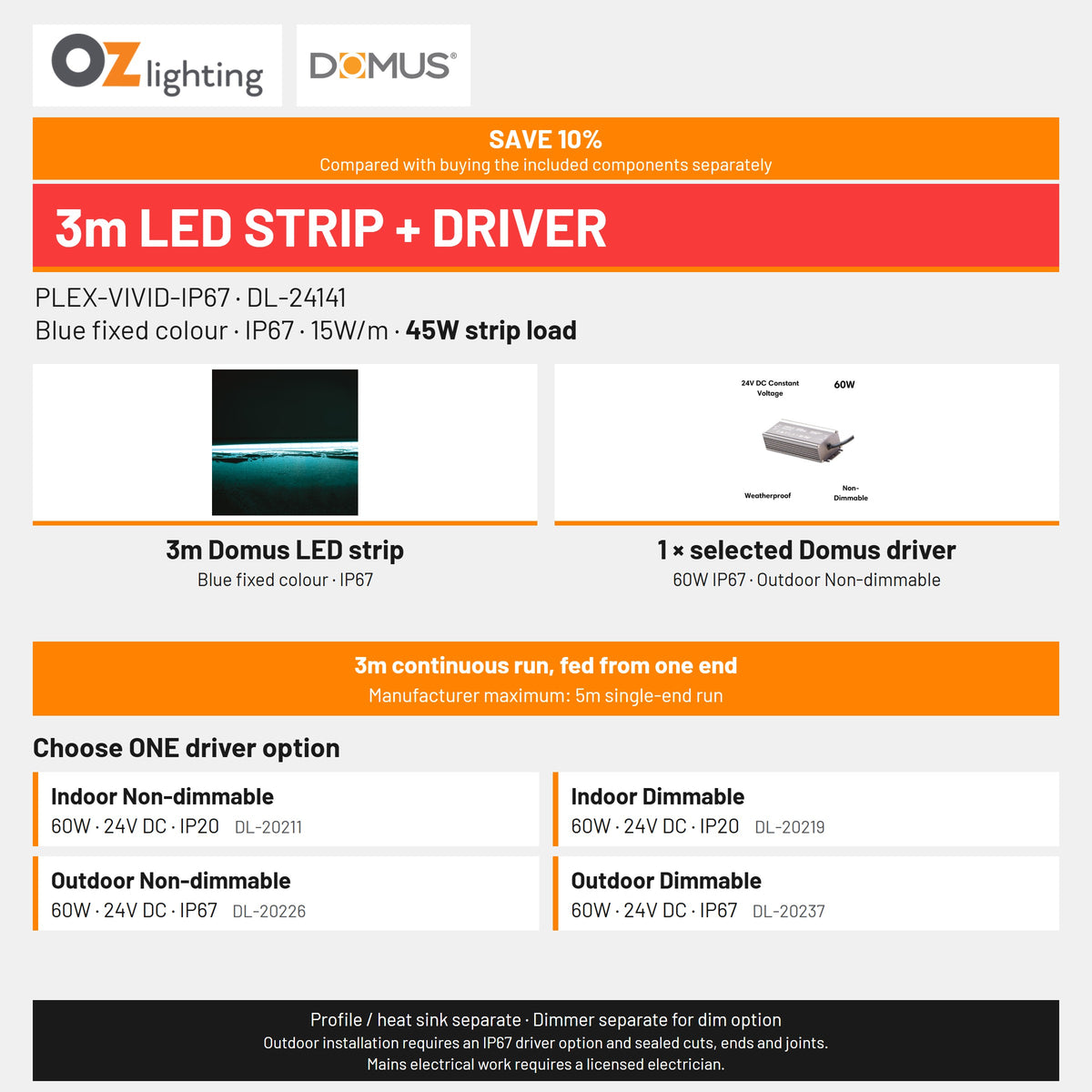 Domus PLEX-VIVID-IP67 LED Strip & Driver Bundle - Blue, 3m-Domus Lighting-Ozlighting.com.au