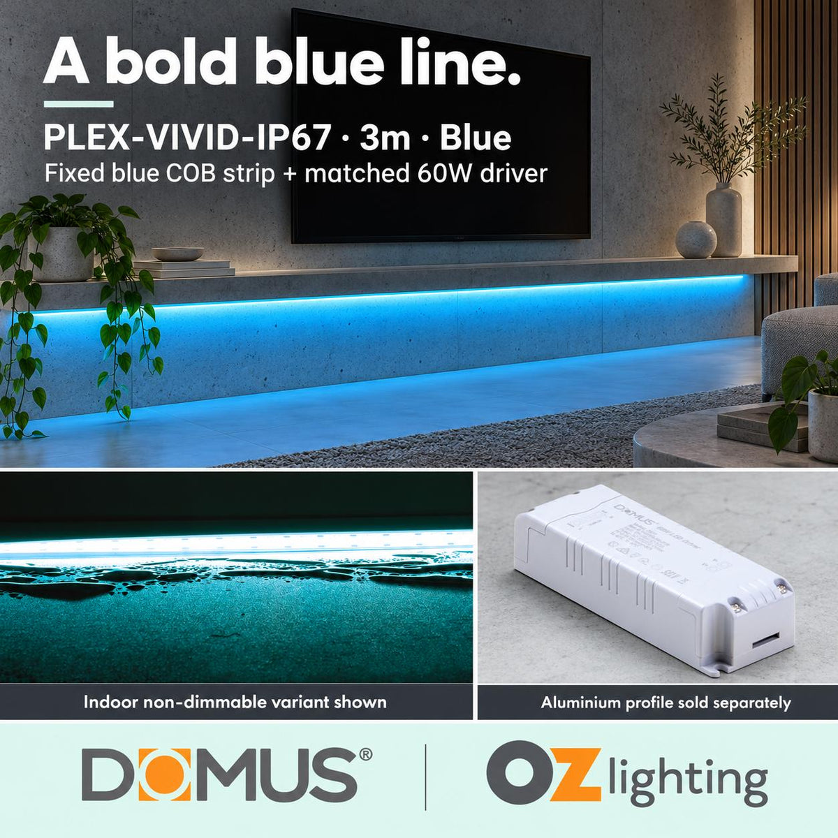 Domus PLEX Vivid 3 Metre 15W/m Blue Outdoor Strip and Driver Bundle-Domus Lighting-Ozlighting.com.au