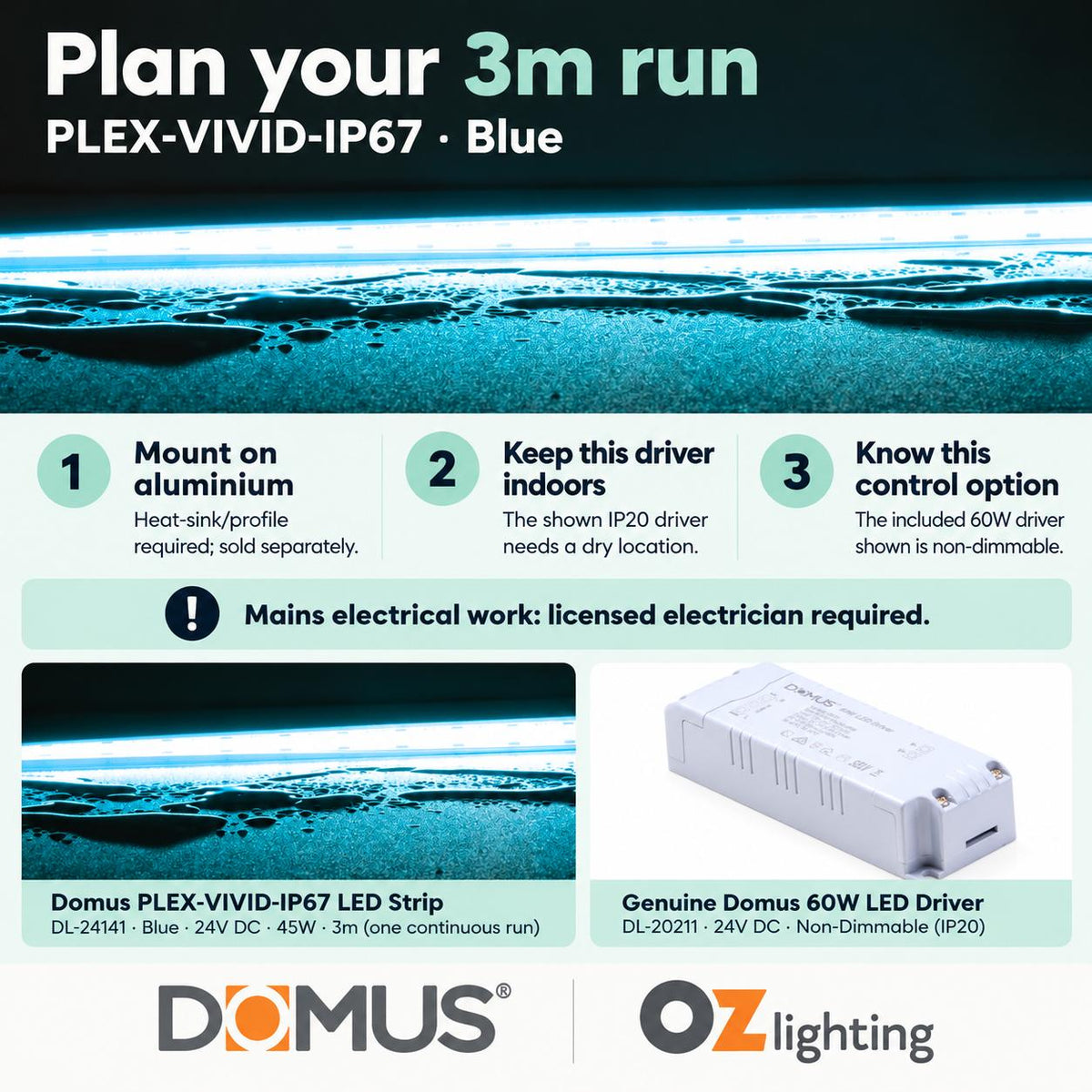 Domus PLEX Vivid 3 Metre 15W/m Blue Outdoor Strip and Driver Bundle-Domus Lighting-Ozlighting.com.au