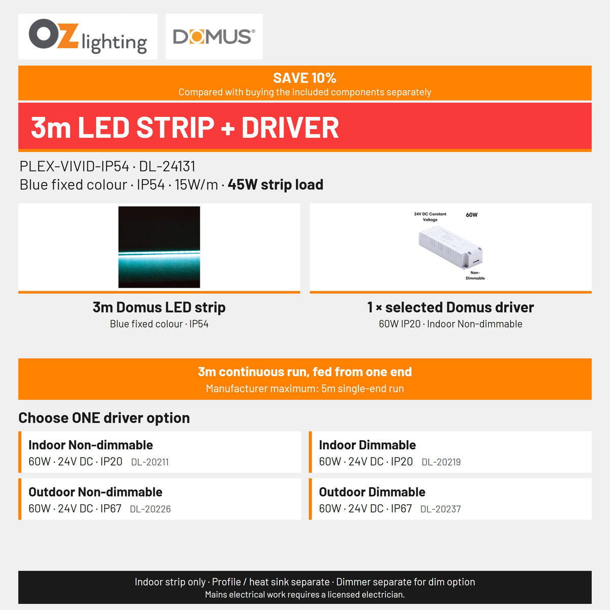 Domus PLEX-VIVID-IP54 LED Strip & Driver Bundle - Blue, 3m-Domus Lighting-Ozlighting.com.au