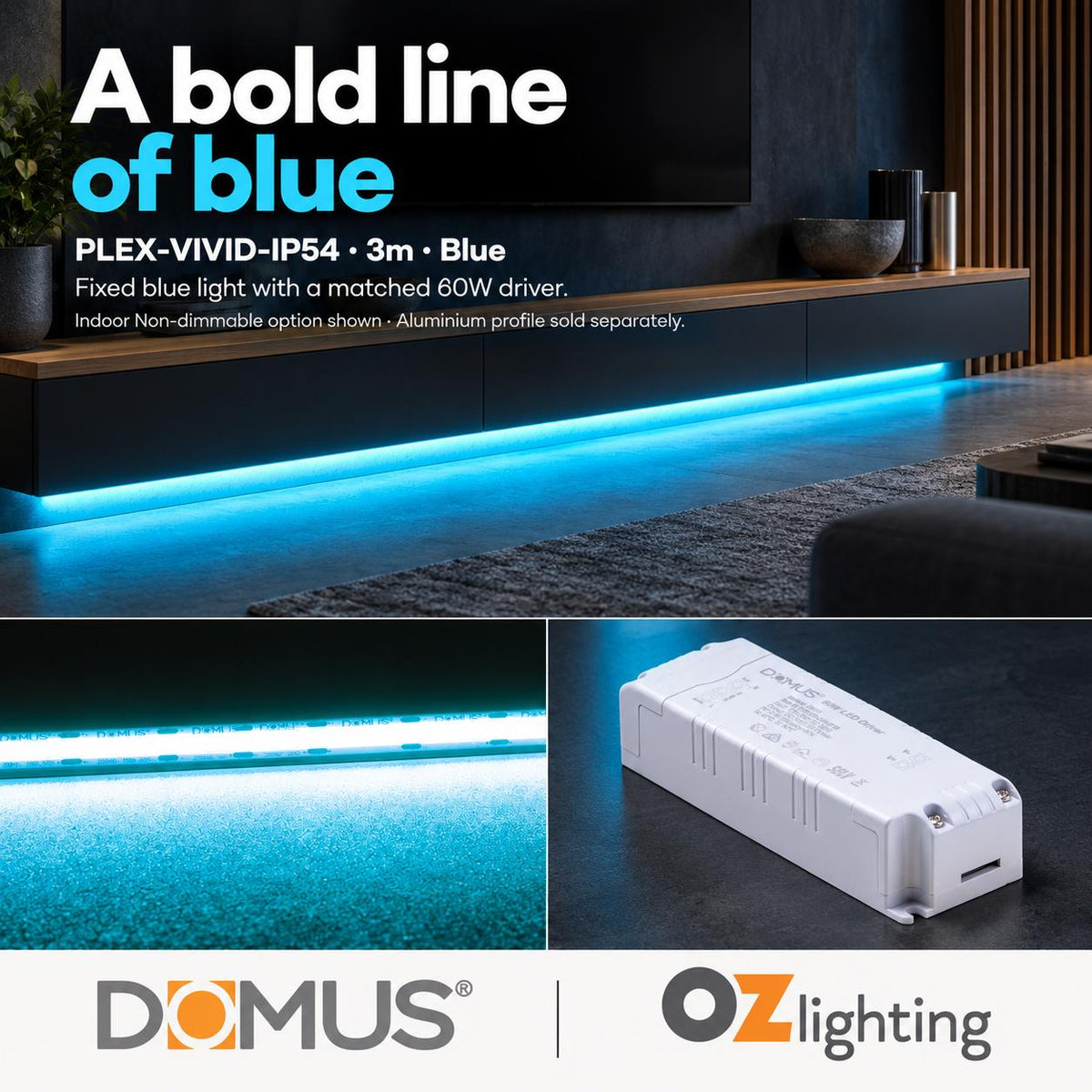 Domus PLEX Vivid 3 Metre 15W/m Blue Strip and Driver Bundle-Domus Lighting-Ozlighting.com.au