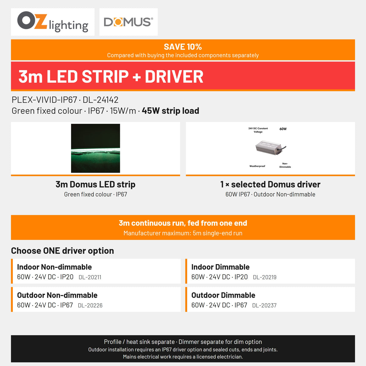 Domus PLEX-VIVID-IP67 LED Strip & Driver Bundle - Green, 3m-Domus Lighting-Ozlighting.com.au