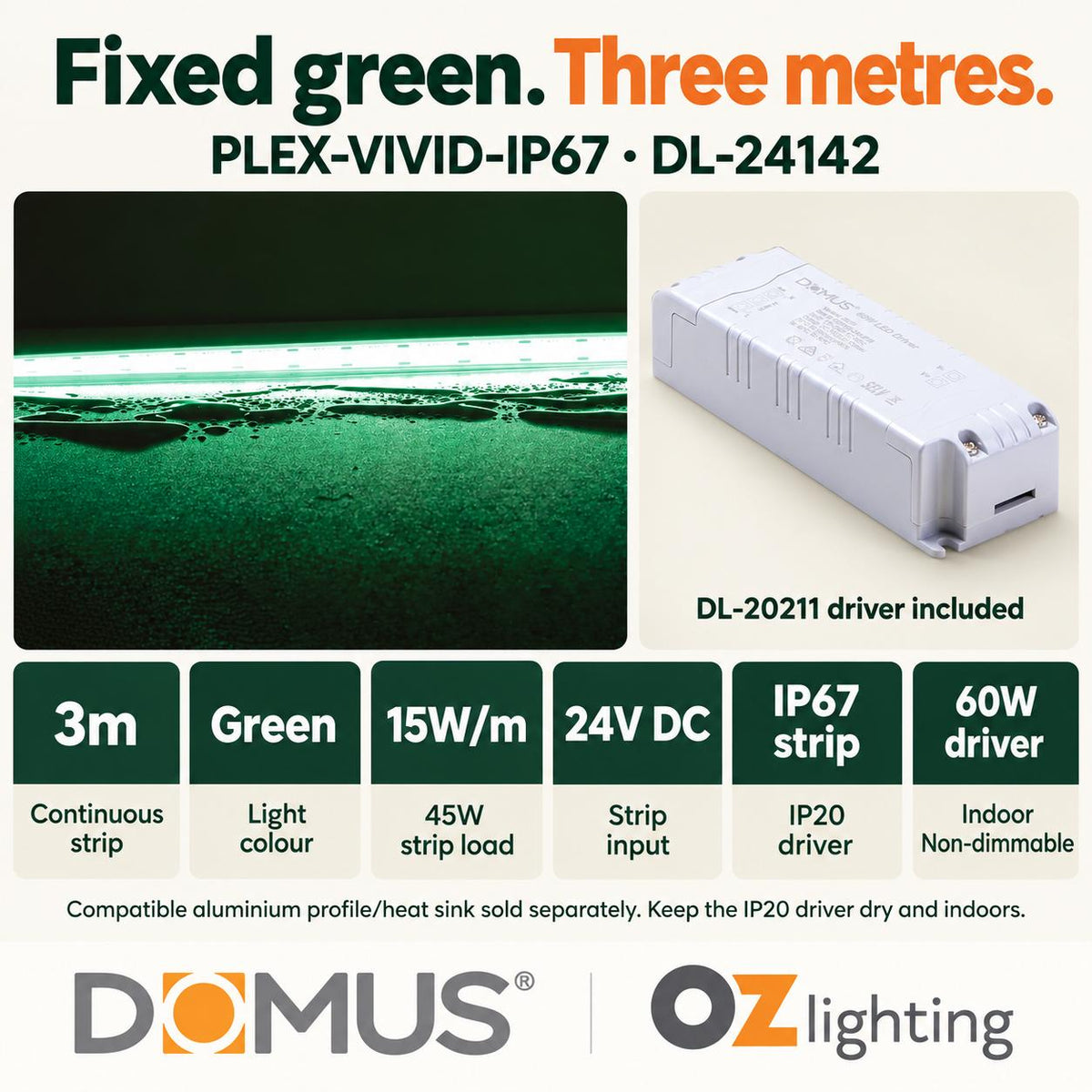 Domus PLEX Vivid 3 Metre 15W/m Green Outdoor Strip and Driver Bundle-Domus Lighting-Ozlighting.com.au