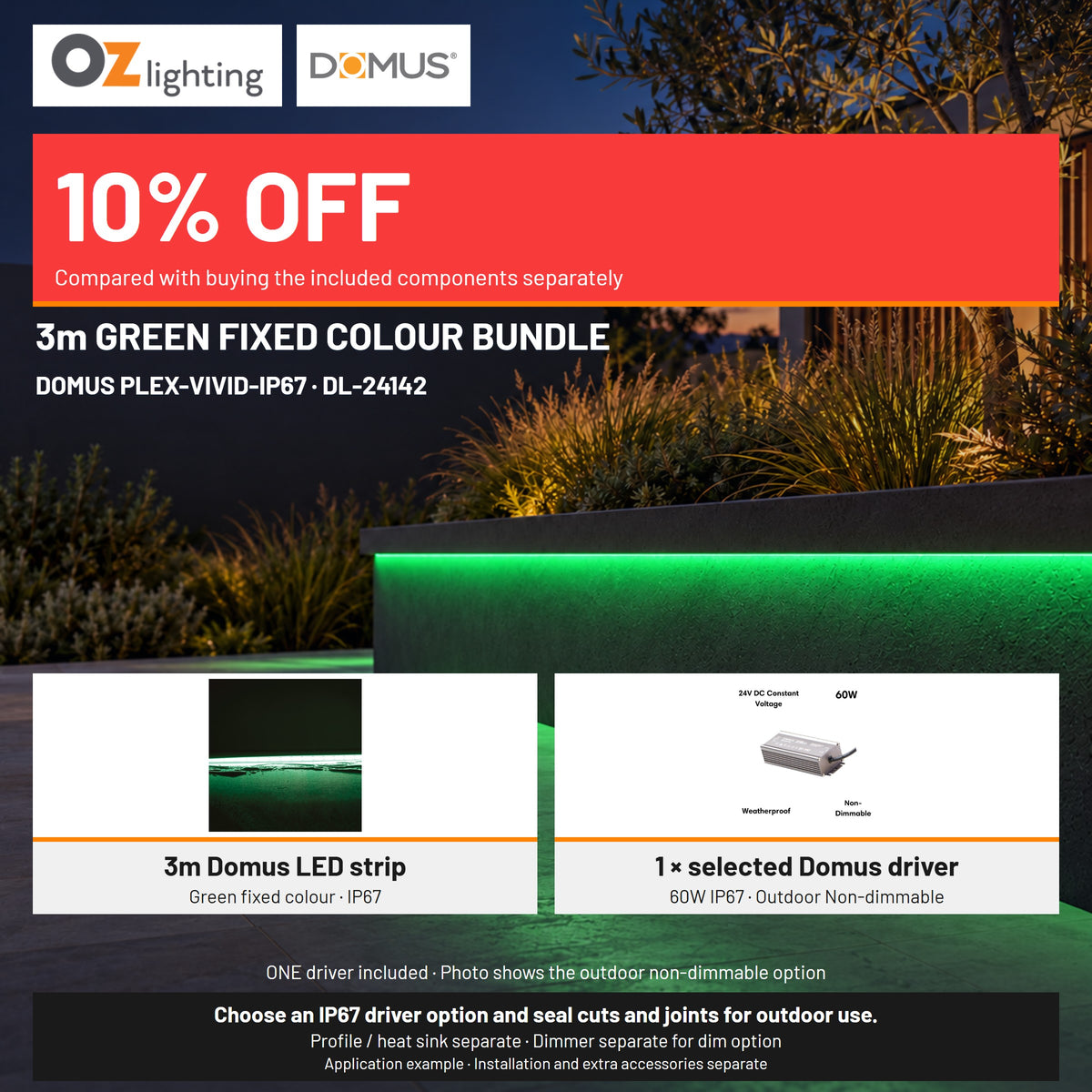 Domus PLEX-VIVID-IP67 LED Strip & Driver Bundle - Green, 3m-Domus Lighting-Ozlighting.com.au