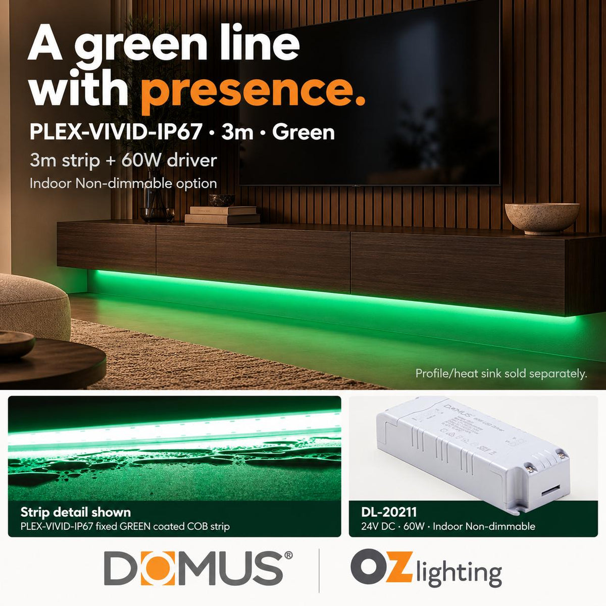 Domus PLEX Vivid 3 Metre 15W/m Green Outdoor Strip and Driver Bundle-Domus Lighting-Ozlighting.com.au