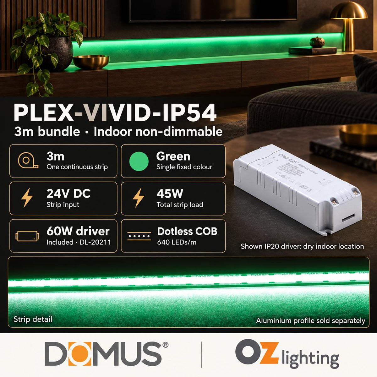 Domus PLEX Vivid 3 Metre 15W/m Green Strip and Driver Bundle-Domus Lighting-Ozlighting.com.au
