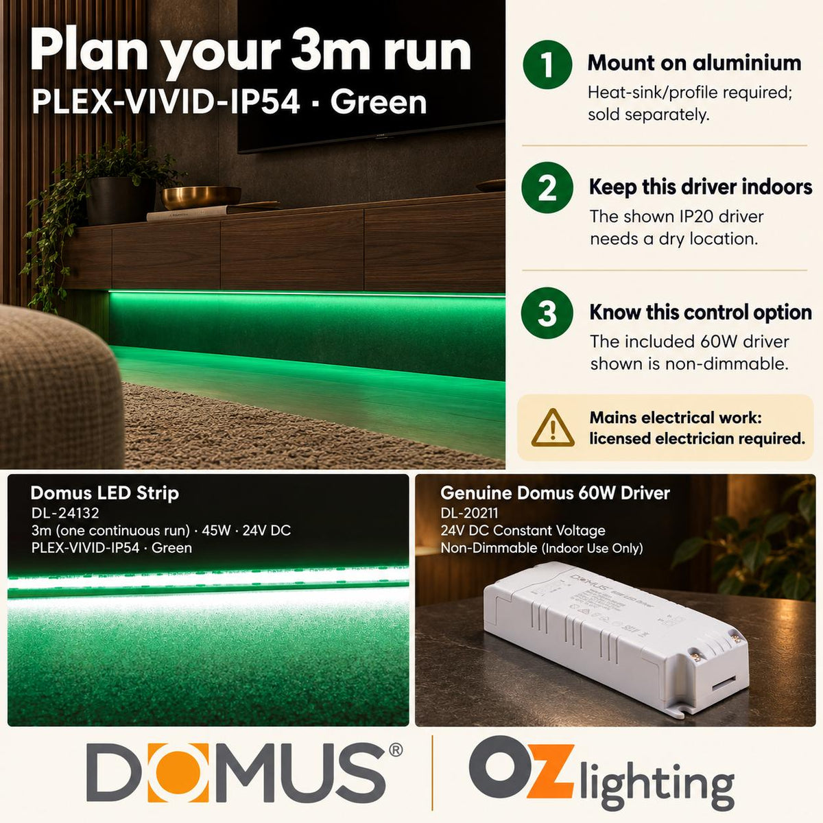 Domus PLEX Vivid 3 Metre 15W/m Green Strip and Driver Bundle-Domus Lighting-Ozlighting.com.au