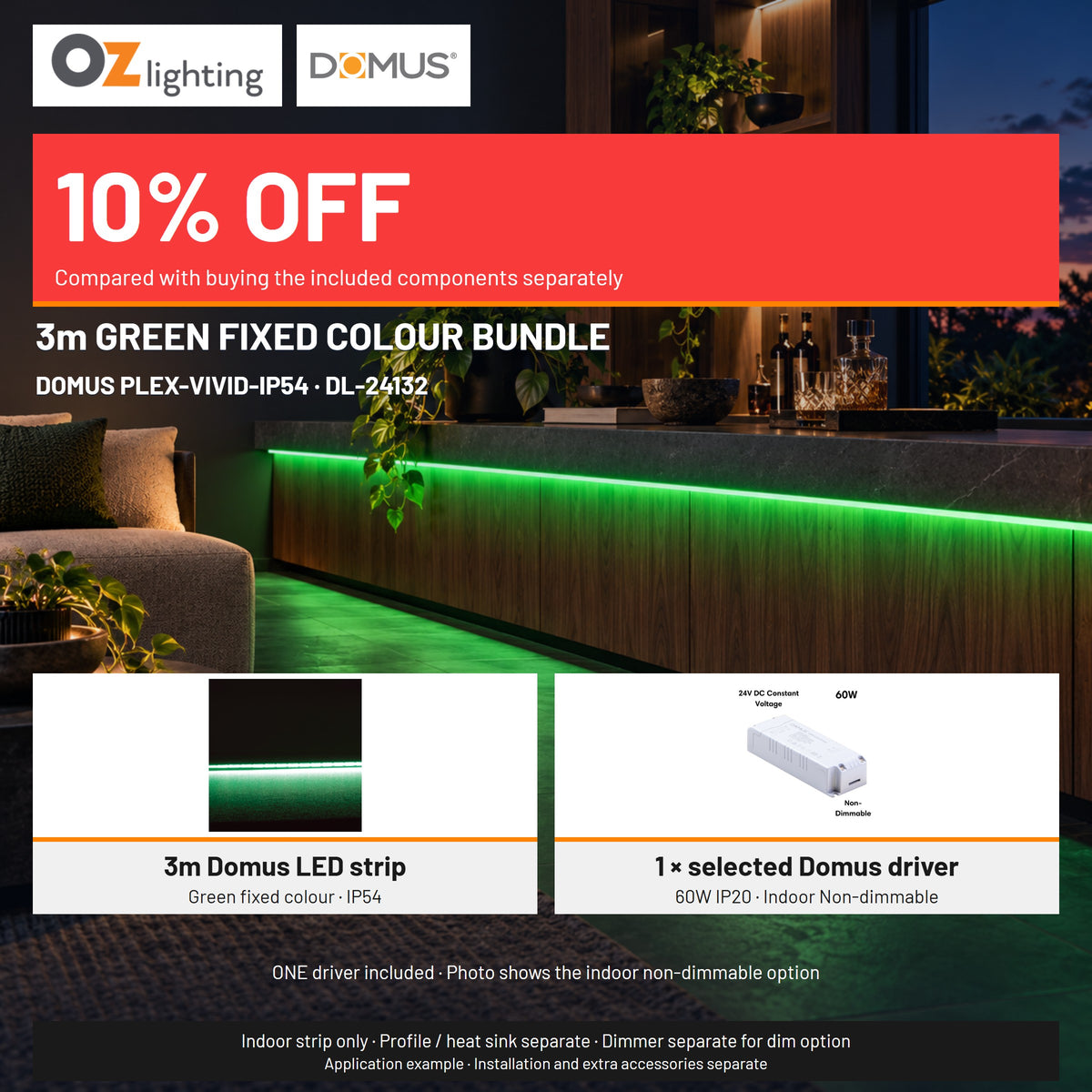 Domus PLEX-VIVID-IP54 LED Strip & Driver Bundle - Green, 3m-Domus Lighting-Ozlighting.com.au