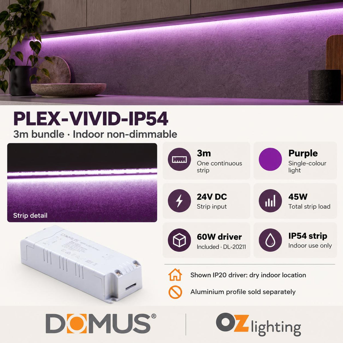 Domus PLEX Vivid 3 Metre 15W/m Purple Strip and Driver Bundle-Domus Lighting-Ozlighting.com.au