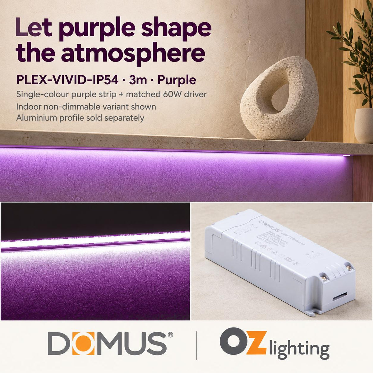 Domus PLEX Vivid 3 Metre 15W/m Purple Strip and Driver Bundle-Domus Lighting-Ozlighting.com.au