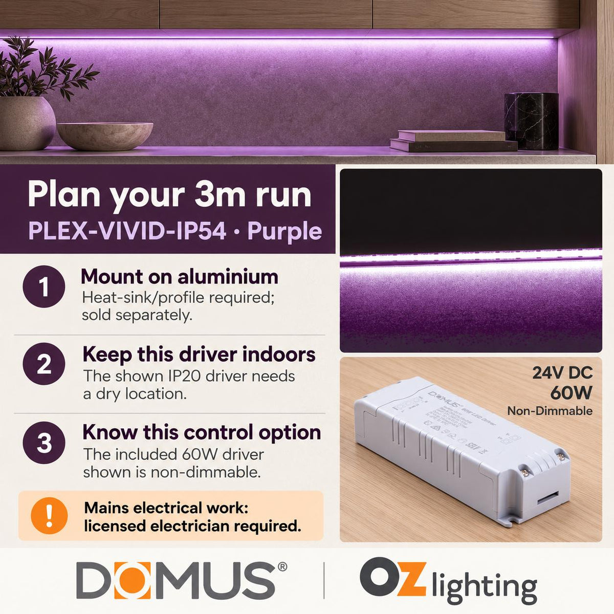 Domus PLEX Vivid 3 Metre 15W/m Purple Strip and Driver Bundle-Domus Lighting-Ozlighting.com.au