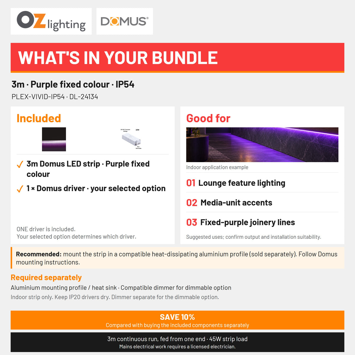Domus PLEX Vivid 3 Metre 15W/m Purple Strip and Driver Bundle-Domus Lighting-Ozlighting.com.au