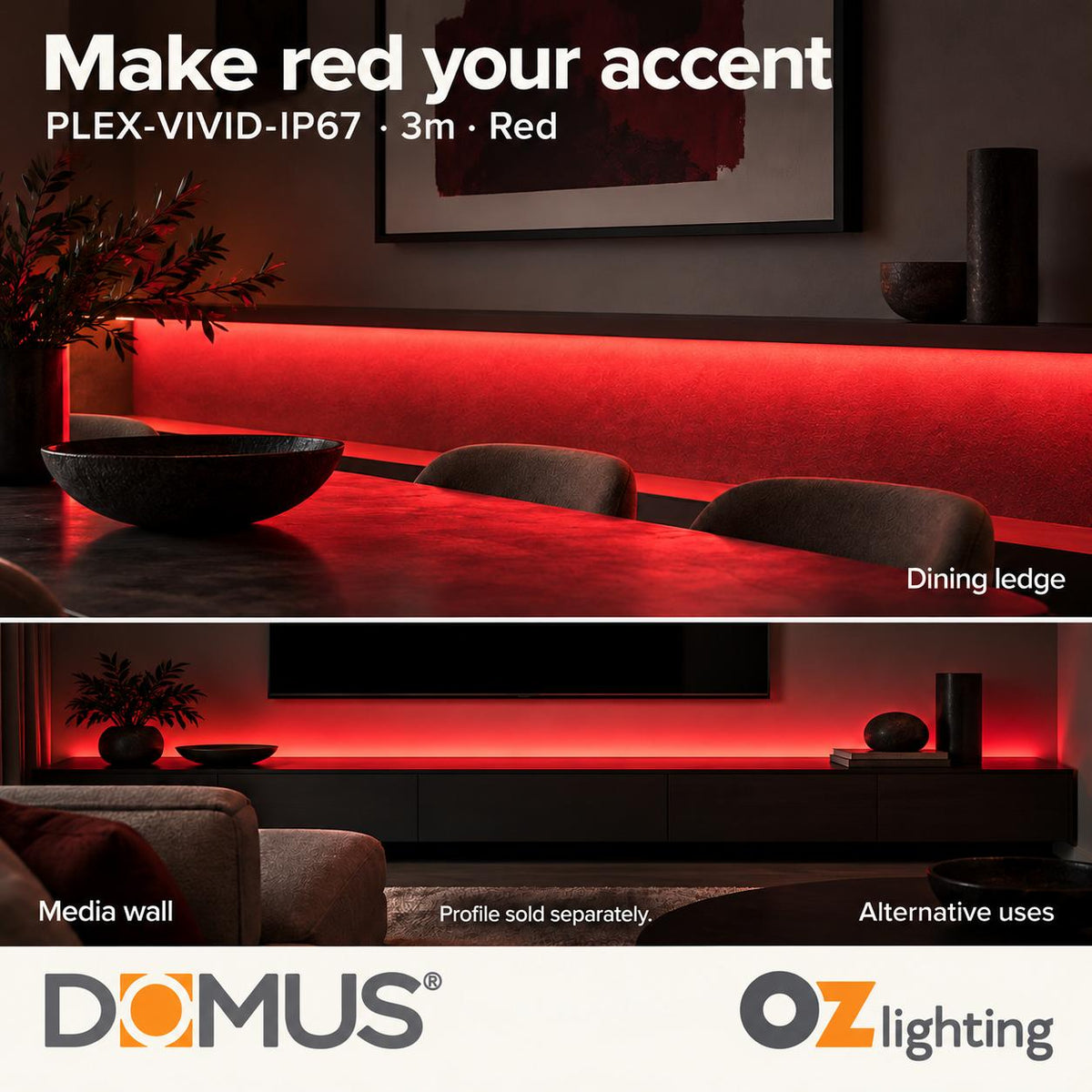 Domus PLEX Vivid 3 Metre 15W/m Red Outdoor Strip and Driver Bundle-Domus Lighting-Ozlighting.com.au