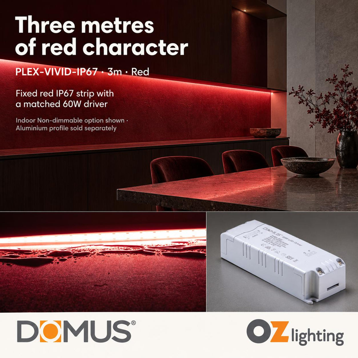 Domus PLEX Vivid 3 Metre 15W/m Red Outdoor Strip and Driver Bundle-Domus Lighting-Ozlighting.com.au