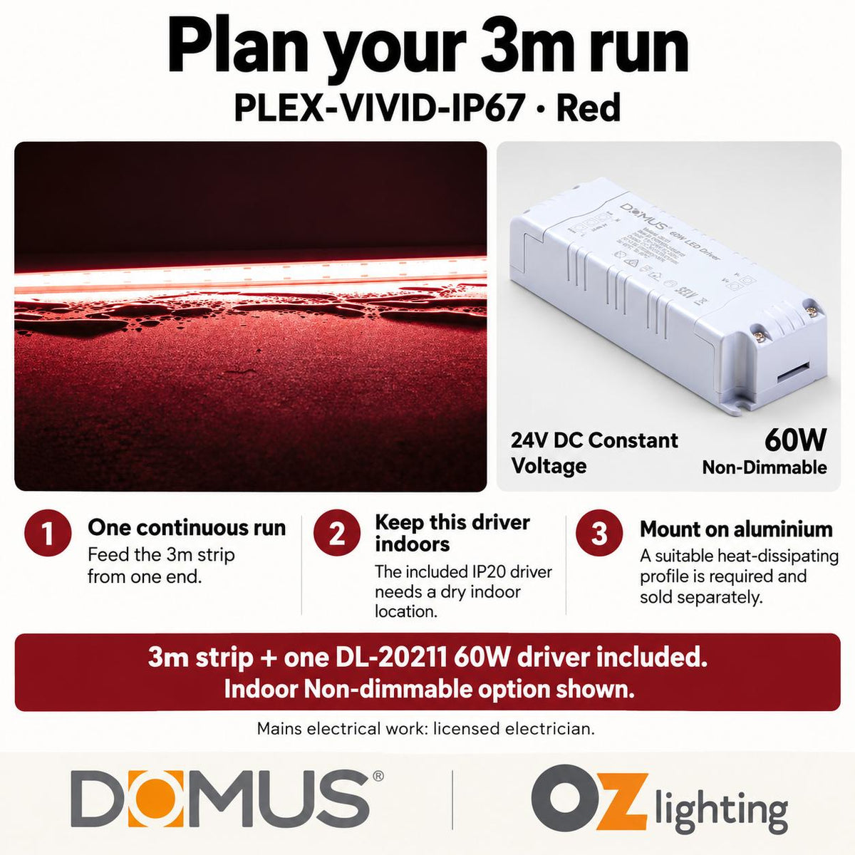 Domus PLEX Vivid 3 Metre 15W/m Red Outdoor Strip and Driver Bundle-Domus Lighting-Ozlighting.com.au