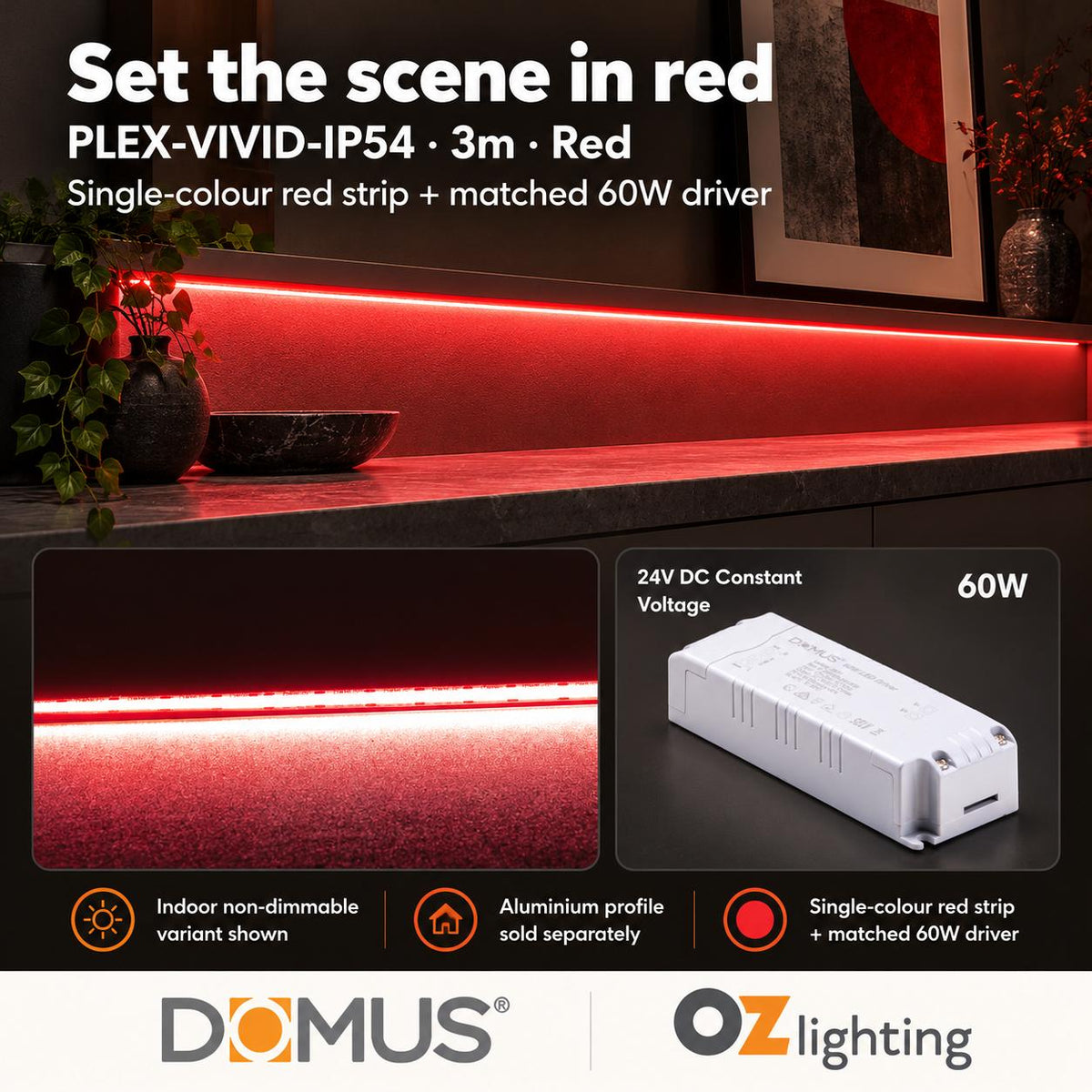 Domus PLEX Vivid 3 Metre 15W/m Red Strip and Driver Bundle-Domus Lighting-Ozlighting.com.au