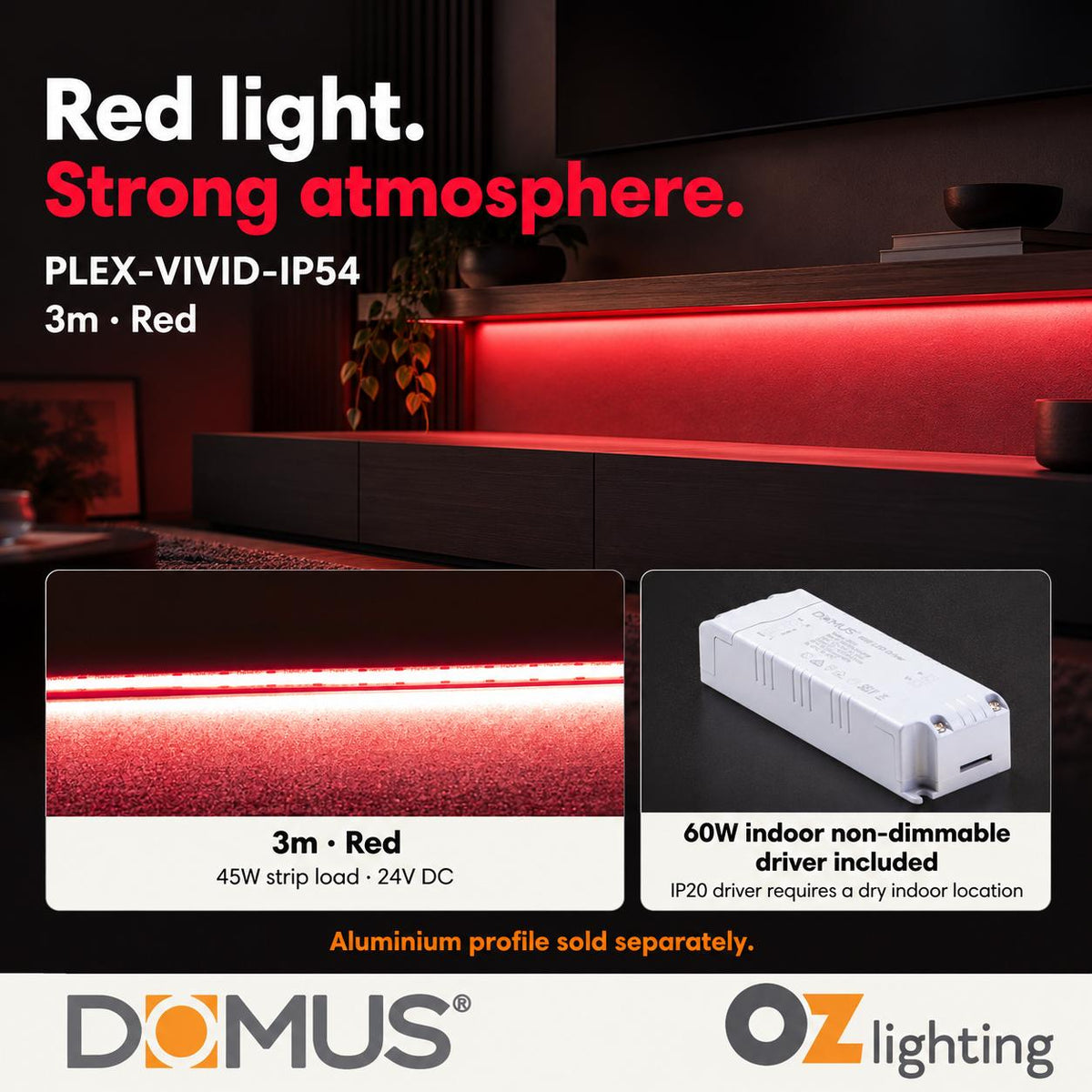 Domus PLEX Vivid 3 Metre 15W/m Red Strip and Driver Bundle-Domus Lighting-Ozlighting.com.au