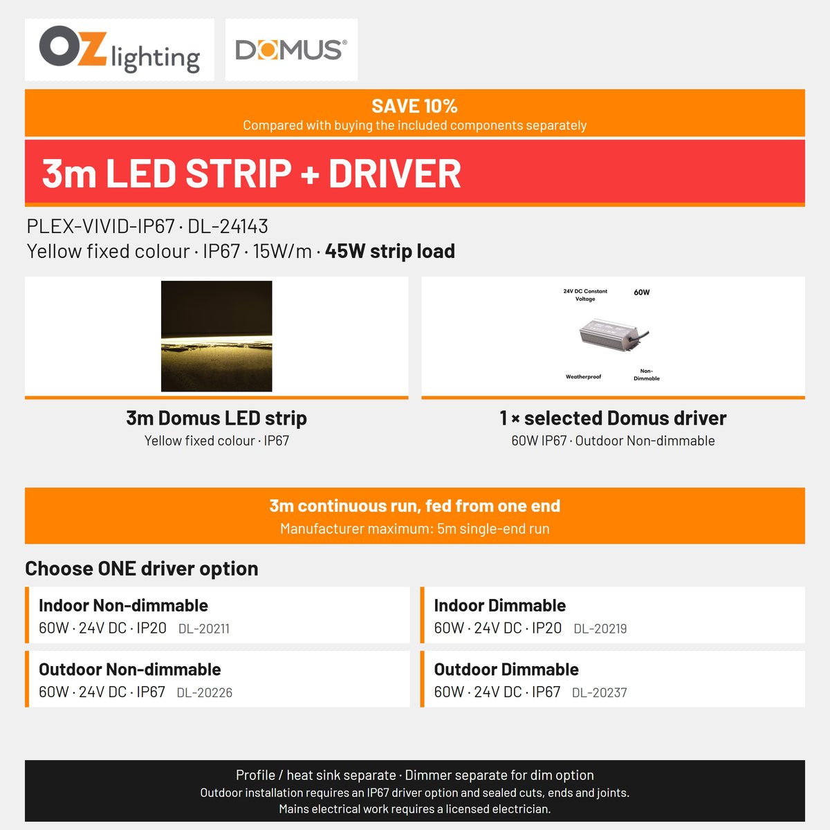 Domus PLEX-VIVID-IP67 LED Strip & Driver Bundle - Yellow, 3m-Domus Lighting-Ozlighting.com.au