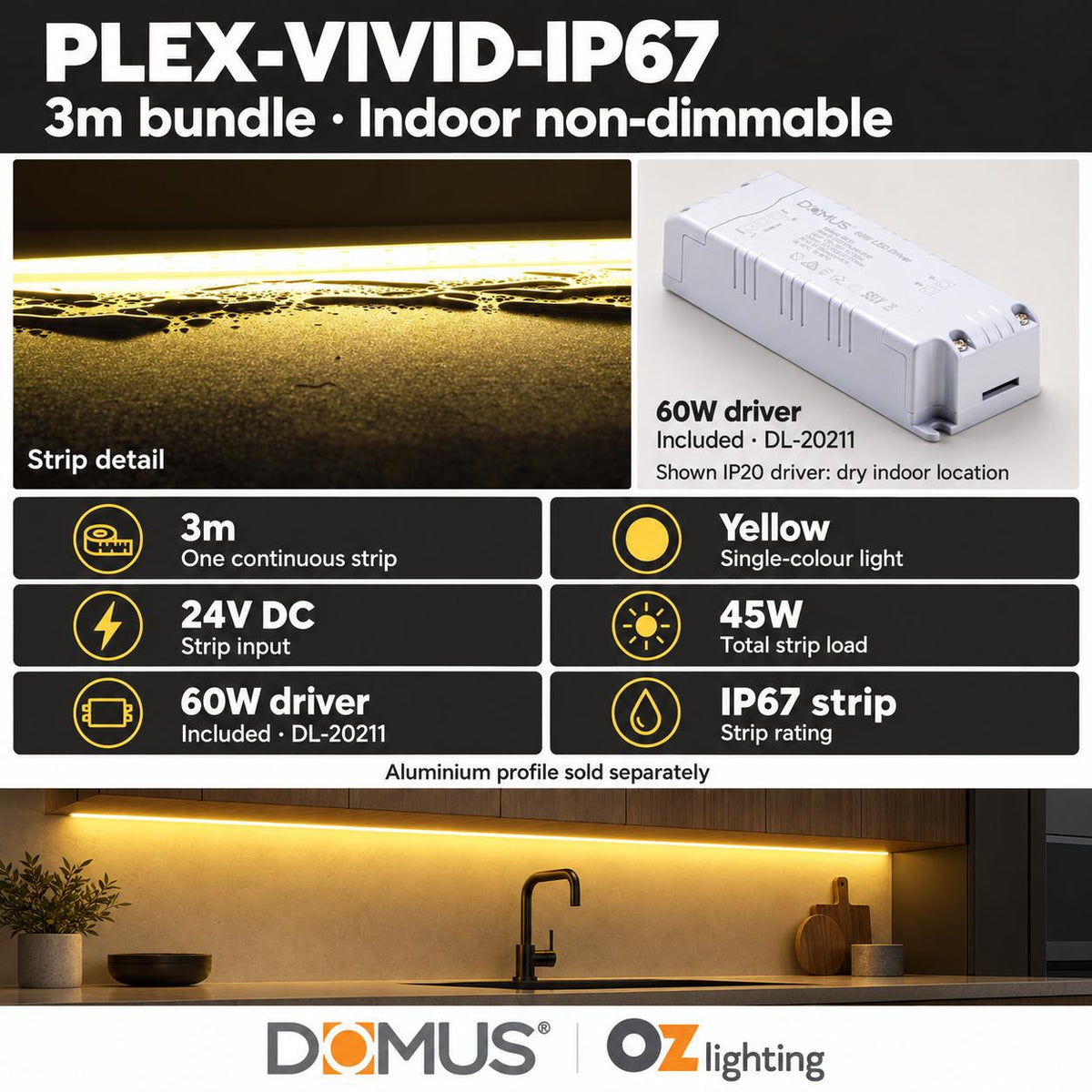 Domus PLEX Vivid 3 Metre 15W/m Yellow Outdoor Strip and Driver Bundle-Domus Lighting-Ozlighting.com.au