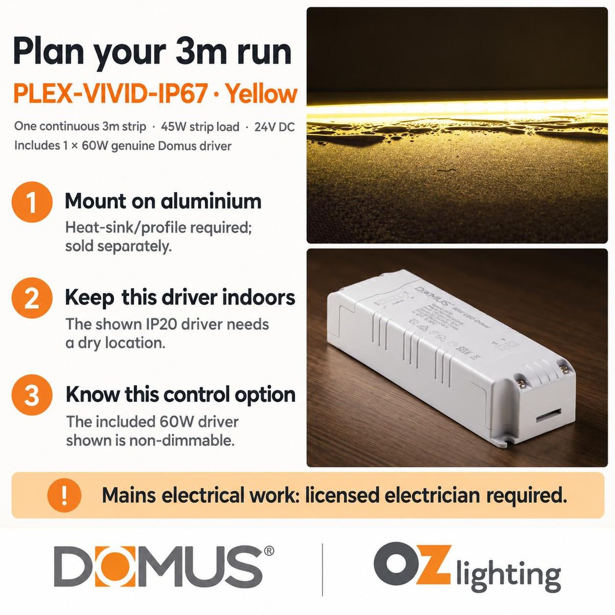 Domus PLEX Vivid 3 Metre 15W/m Yellow Outdoor Strip and Driver Bundle-Domus Lighting-Ozlighting.com.au