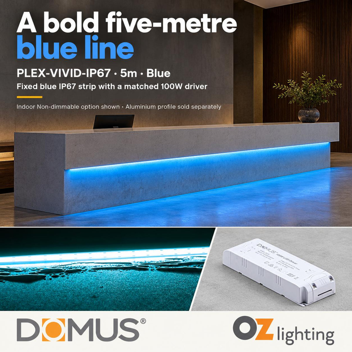 Domus PLEX Vivid 5 Metre 15W/m Blue Outdoor Strip and Driver Bundle-Domus Lighting-Ozlighting.com.au