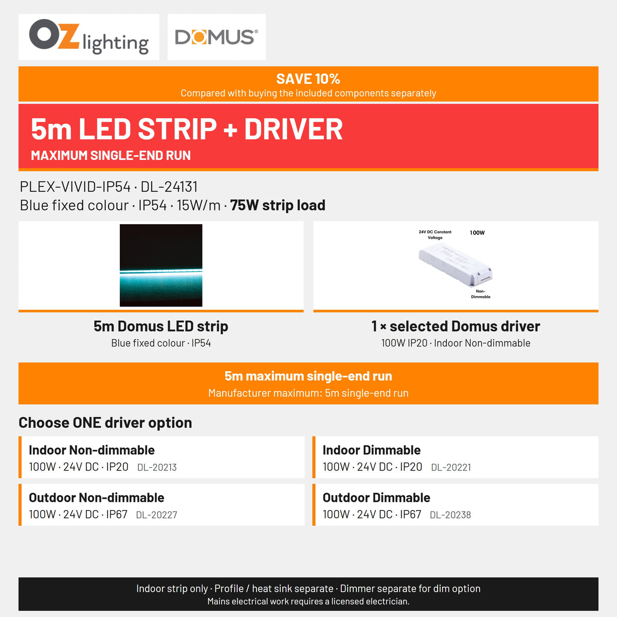 Domus PLEX Vivid 5 Metre 15W/m Blue Strip and Driver Bundle-Domus Lighting-Ozlighting.com.au