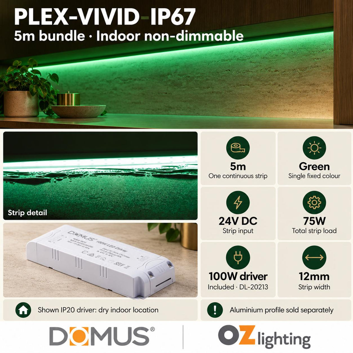 Domus PLEX Vivid 5 Metre 15W/m Green Outdoor Strip and Driver Bundle-Domus Lighting-Ozlighting.com.au