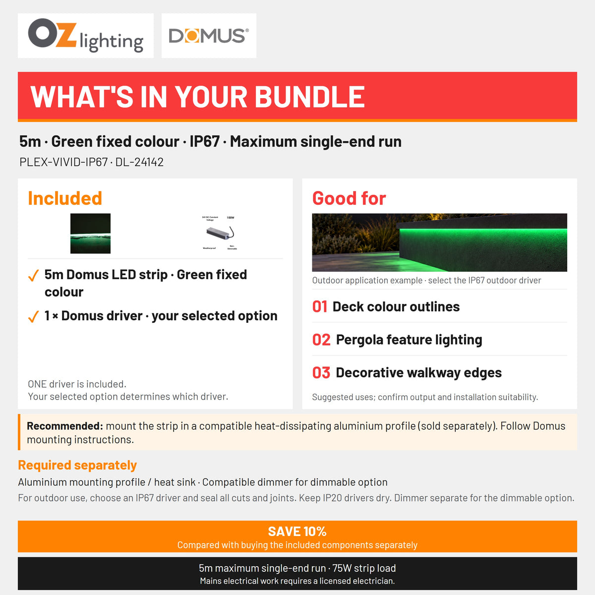 Domus PLEX-VIVID-IP67 LED Strip & Driver Bundle - Green, 5m-Domus Lighting-Ozlighting.com.au