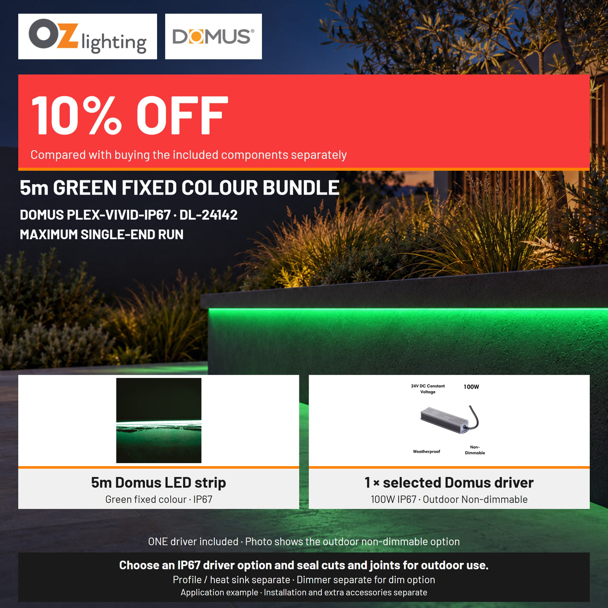 Domus PLEX Vivid 5 Metre 15W/m Green Outdoor Strip and Driver Bundle-Domus Lighting-Ozlighting.com.au
