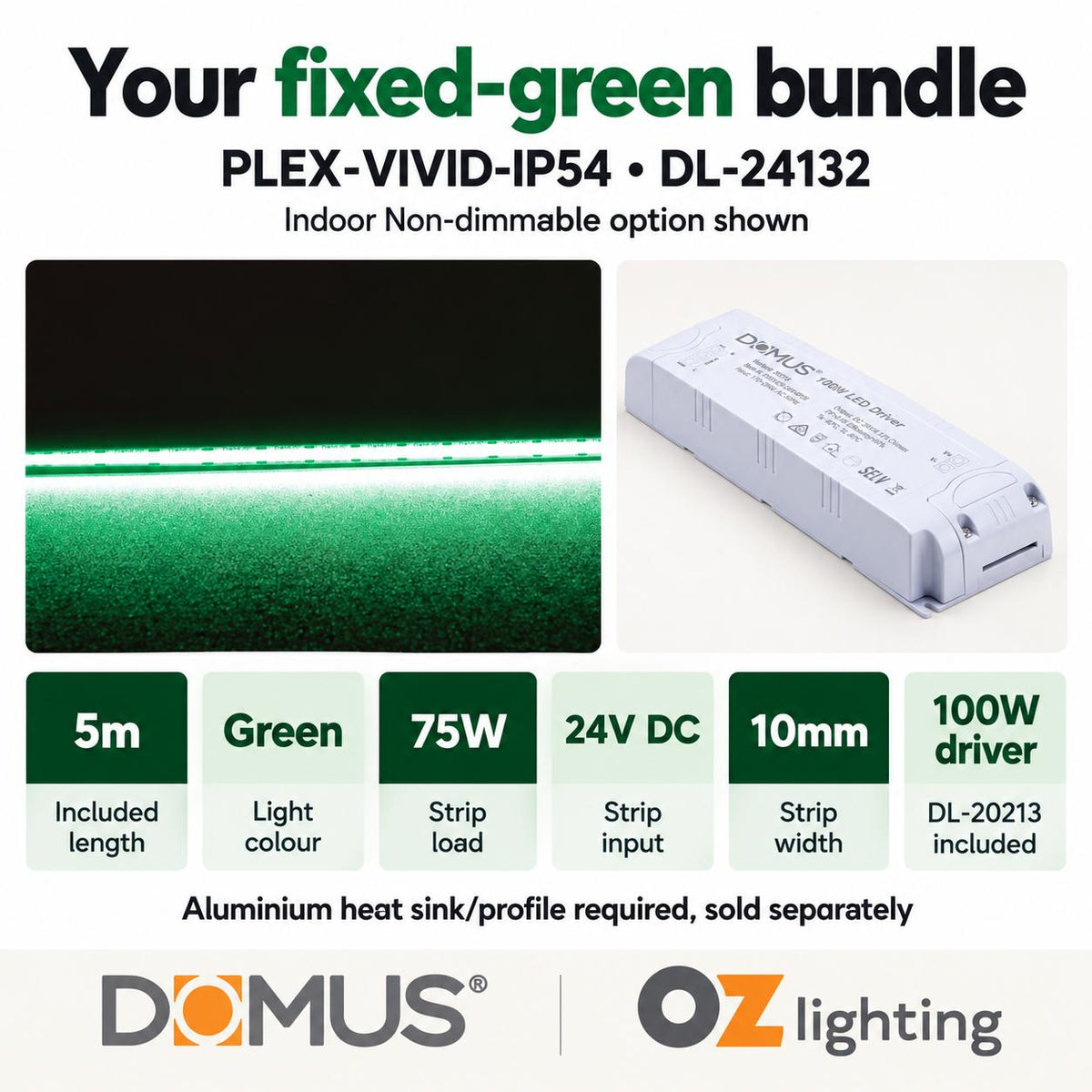 Domus PLEX Vivid 5 Metre 15W/m Green Strip and Driver Bundle-Domus Lighting-Ozlighting.com.au