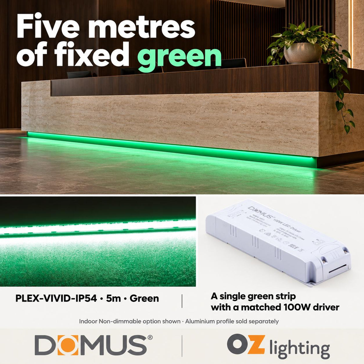 Domus PLEX Vivid 5 Metre 15W/m Green Strip and Driver Bundle-Domus Lighting-Ozlighting.com.au