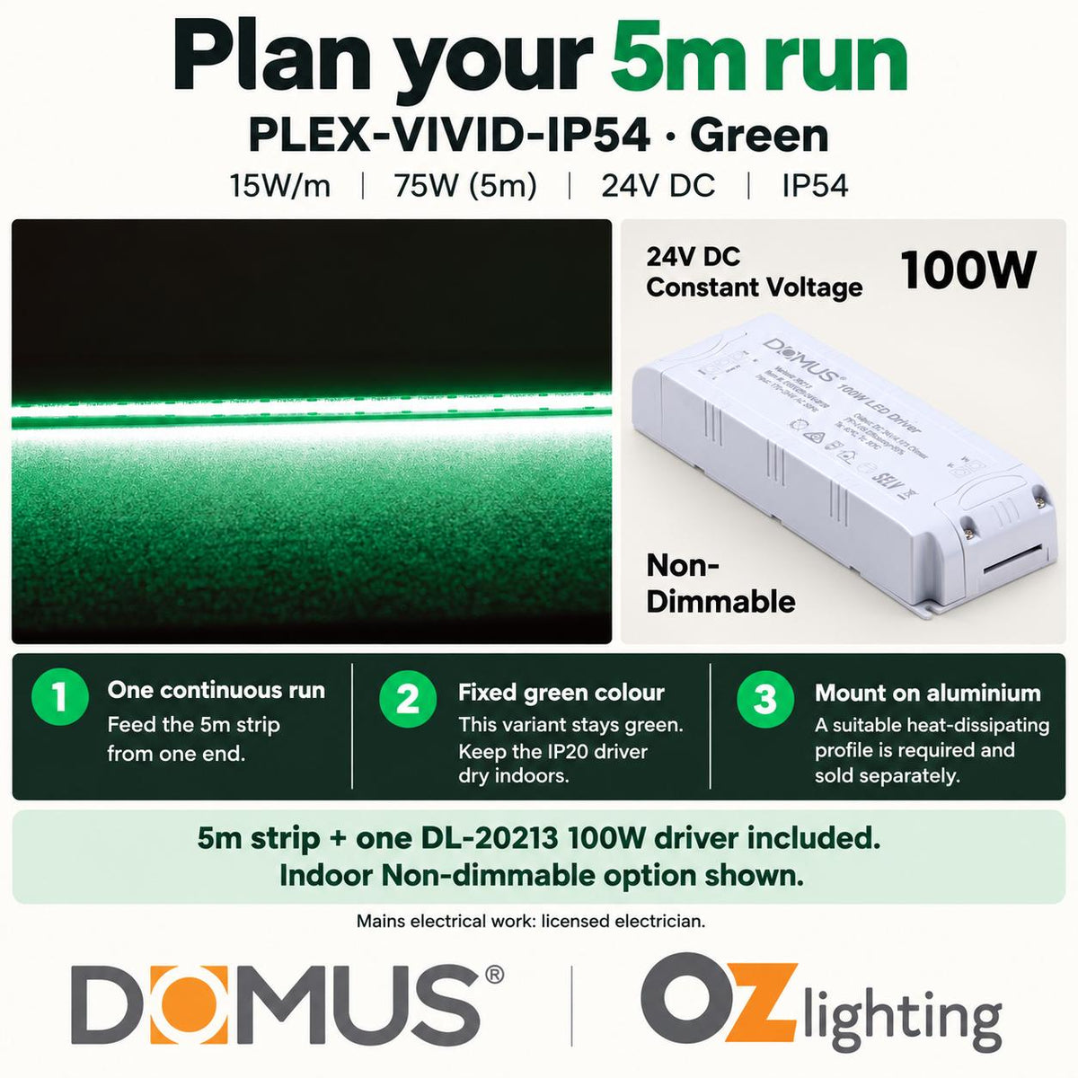 Domus PLEX Vivid 5 Metre 15W/m Green Strip and Driver Bundle-Domus Lighting-Ozlighting.com.au
